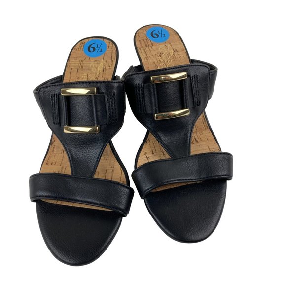 AEROSOLES Shoes - NWT Aerosoles Womens Sz 6.5 Black T Strap Slip On Sandals Wedge Gold Hardware